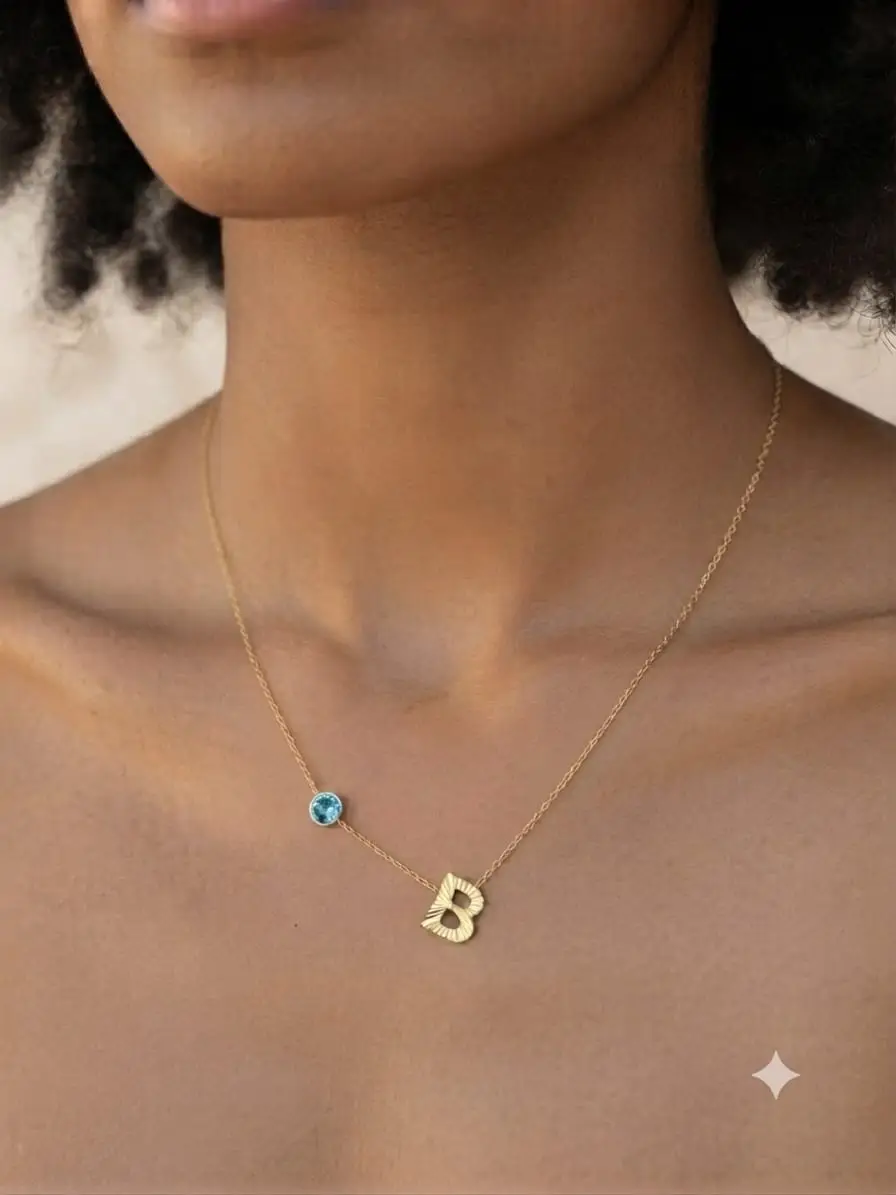 925 Ayar Gümüş Minimalist Kişiye Özel Doğum Taşlı Harf Kadın Kolye.rose.gold.rodaj Renk Seçeneği 