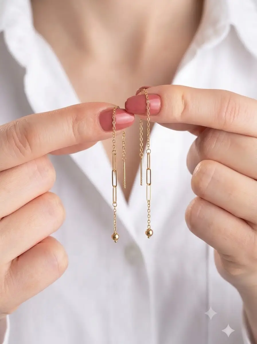 Orjinal 14 Ayar Sertifikalı Altın Minimalist Dorika Toplu Ataç Zincir Küpe