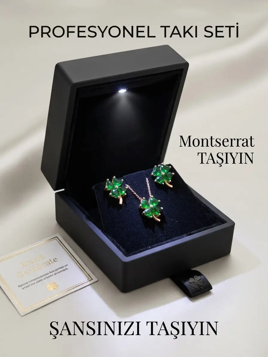 925 Ayar Gümüş Papatya Silver Özel Tasarım Yeşil Taşlı Yonca Kolye Küpe Set.rose.gold.rodaj