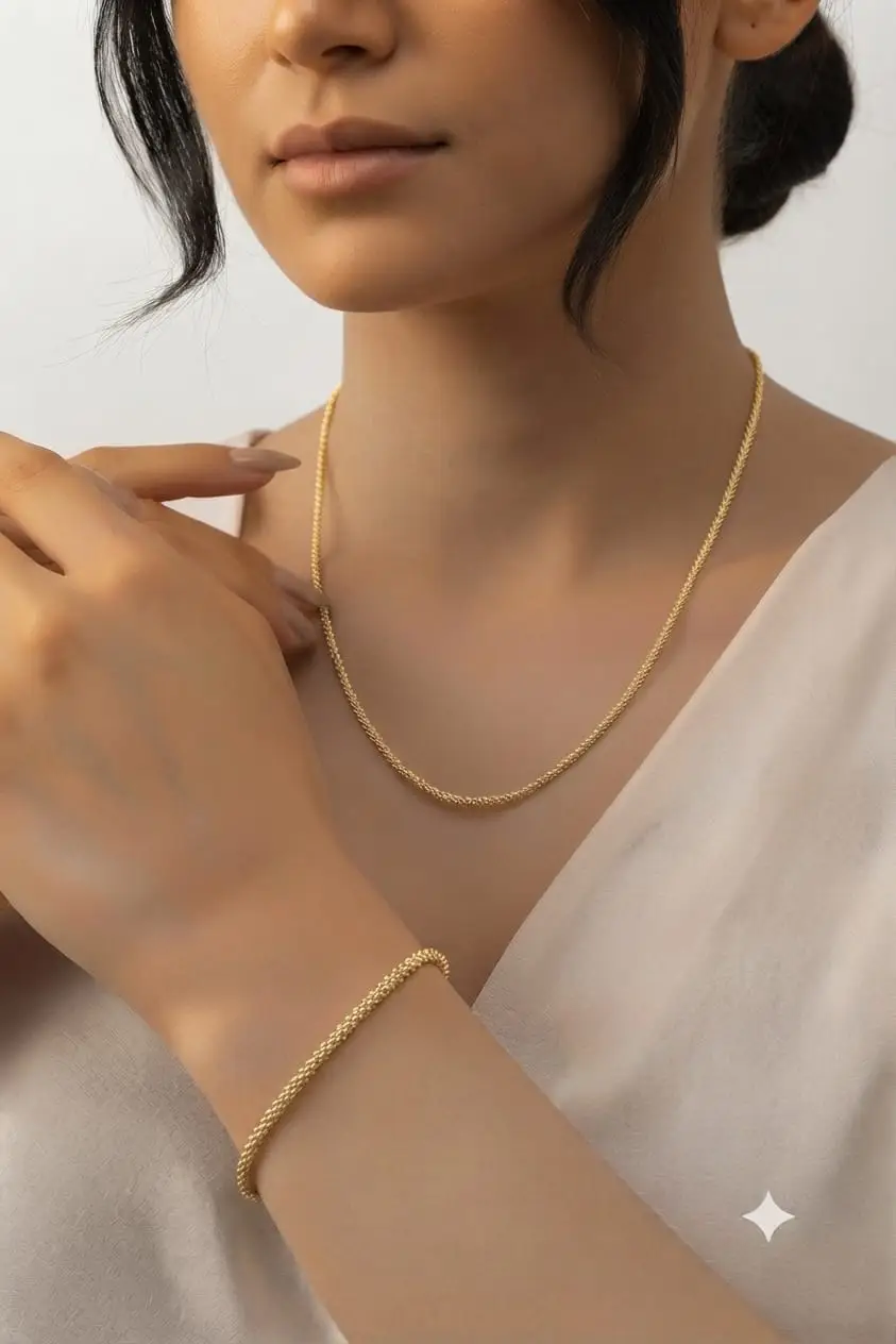 925 Ayar Gümüş Zarif Popcorn Zincir Kolye Bileklik Set.rose.gold.rodaj Renk Seçeneği
