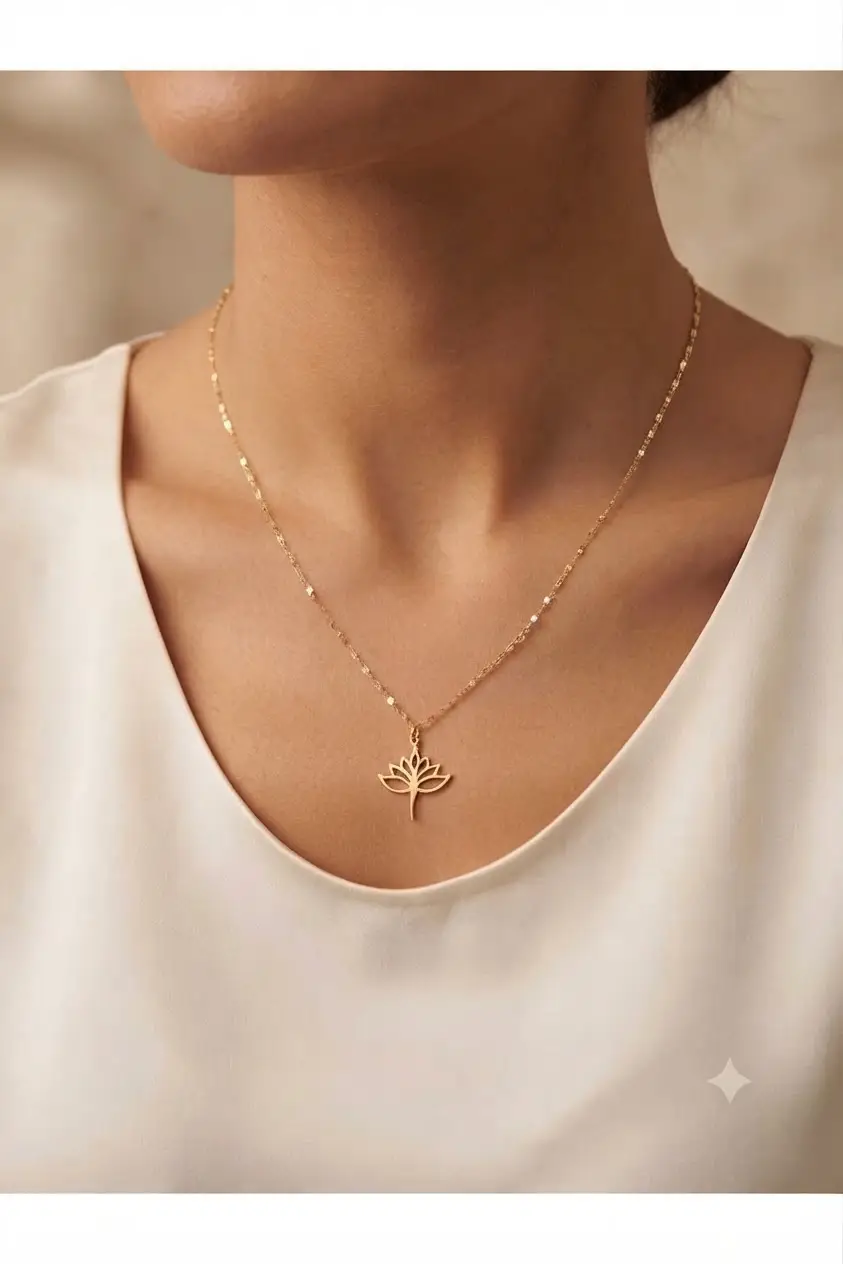 Orjinal 14 Sertifikalı Altın Minimalist İtalyan Aynalı Ezme Zincir Lotus Kolye
