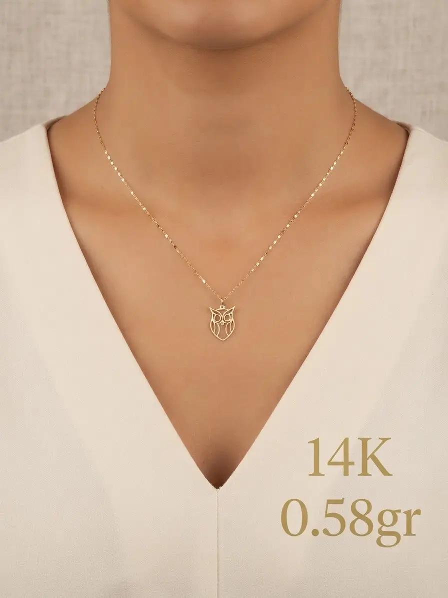 Orjinal 14 Ayar Sertifikalı Altın Minimalist Aynalı Ezme Zincir Baykuş Kolye