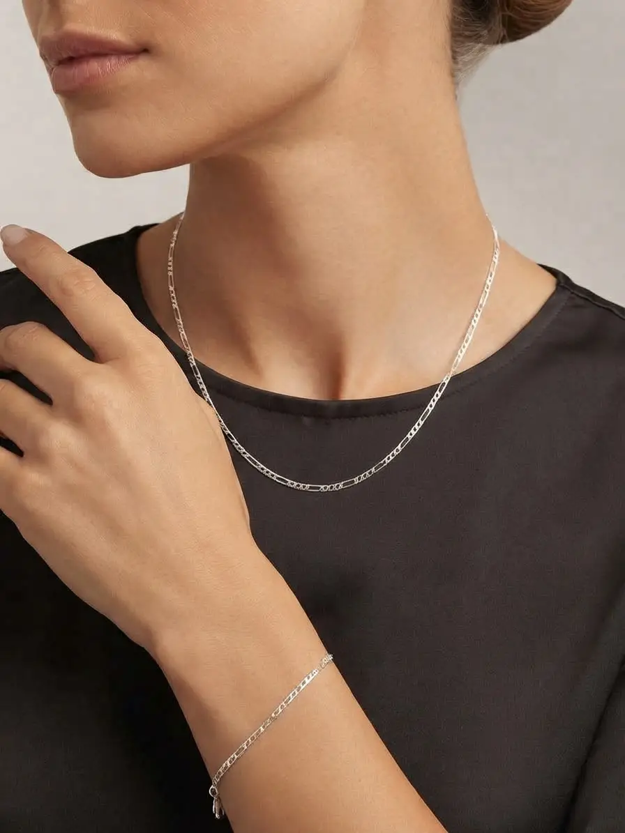 925 Ayar Gümüş Zarif Figaro Zincir Kolye Bileklik Set.rose.gold.rodaj Renk Seçeneği