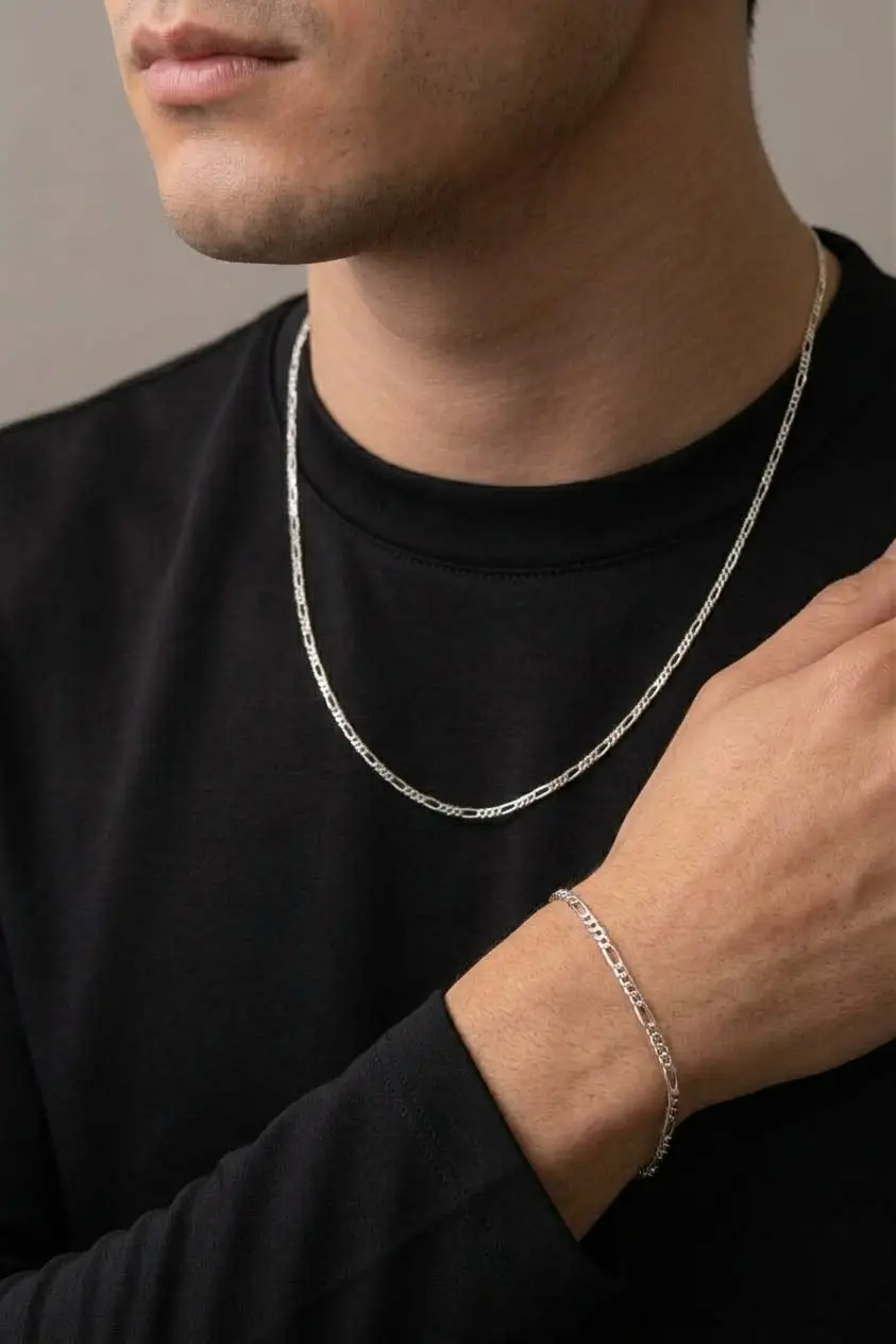 925 Ayar Gümüş Erkek Figaro Zincir Kolye Bileklik Set.rose.gold.rodaj Renk Seçeneği