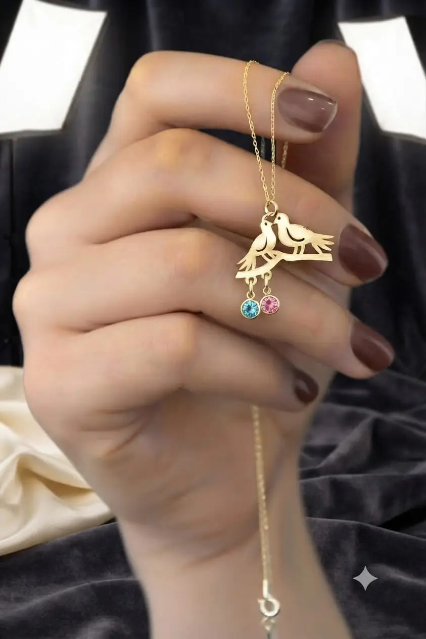 925 Ayar Gümüş Kişiye Özel Doğum Taşlı Çifte Kumrular Sevgili Kolye.rose.gold.rodaj Renk Seçeneği