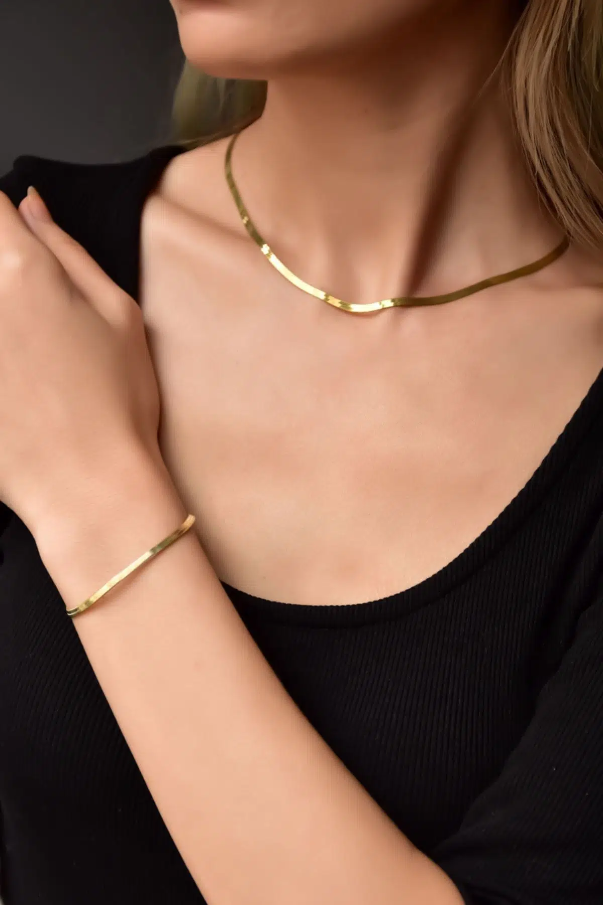 925 Ayar Gümüş Gold Kaplama Yassı Italyan Zincir Kolye Ve Bileklik Set