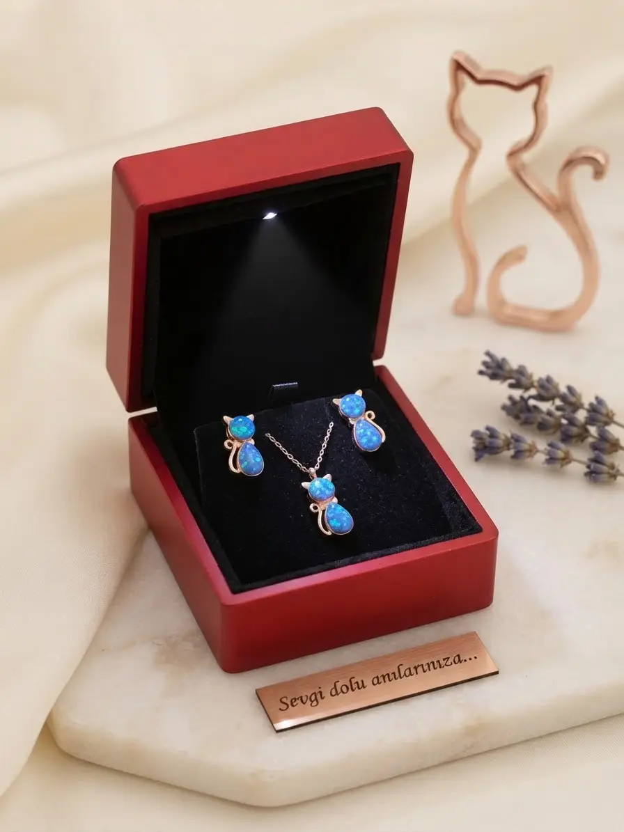 925 Ayar Gümüş Zarif Rose Kaplama Opal Taşlı Kedi Kolye Küpe Set