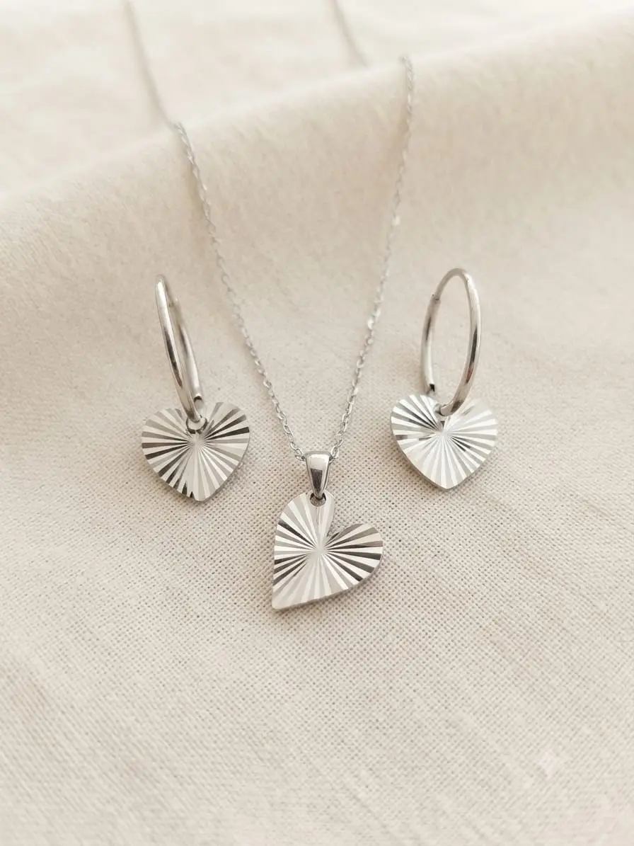 925 Ayar Gümüş Özel Tasarım Kristal Kalemli Kalp Kolye Küpe Set.rose.gold.rodaj Renk Seçeneği