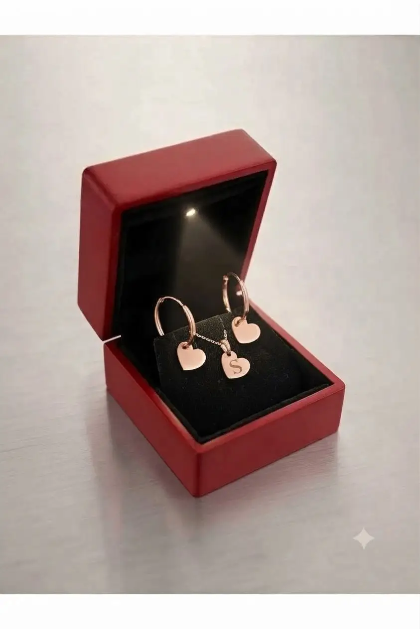 925 Ayar Gümüş Özel Tasarım Kişiye Özel Harfli Kalp Kolye Küpe Set.rose.gold.rodaj Renk Seçeneği