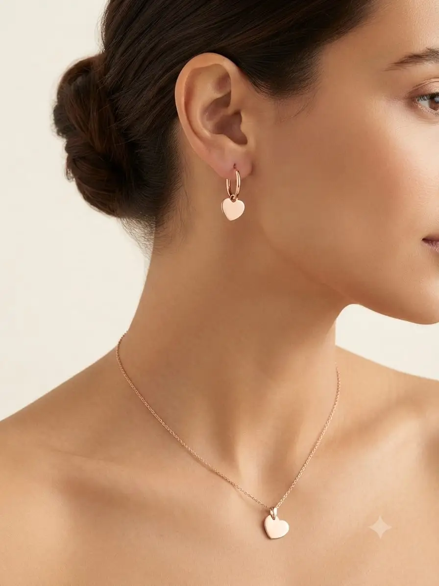 925 Ayar Gümüş Özel Tasarım Kalp Kolye Küpe Set.rose.gold.rodaj Renk Seçeneği