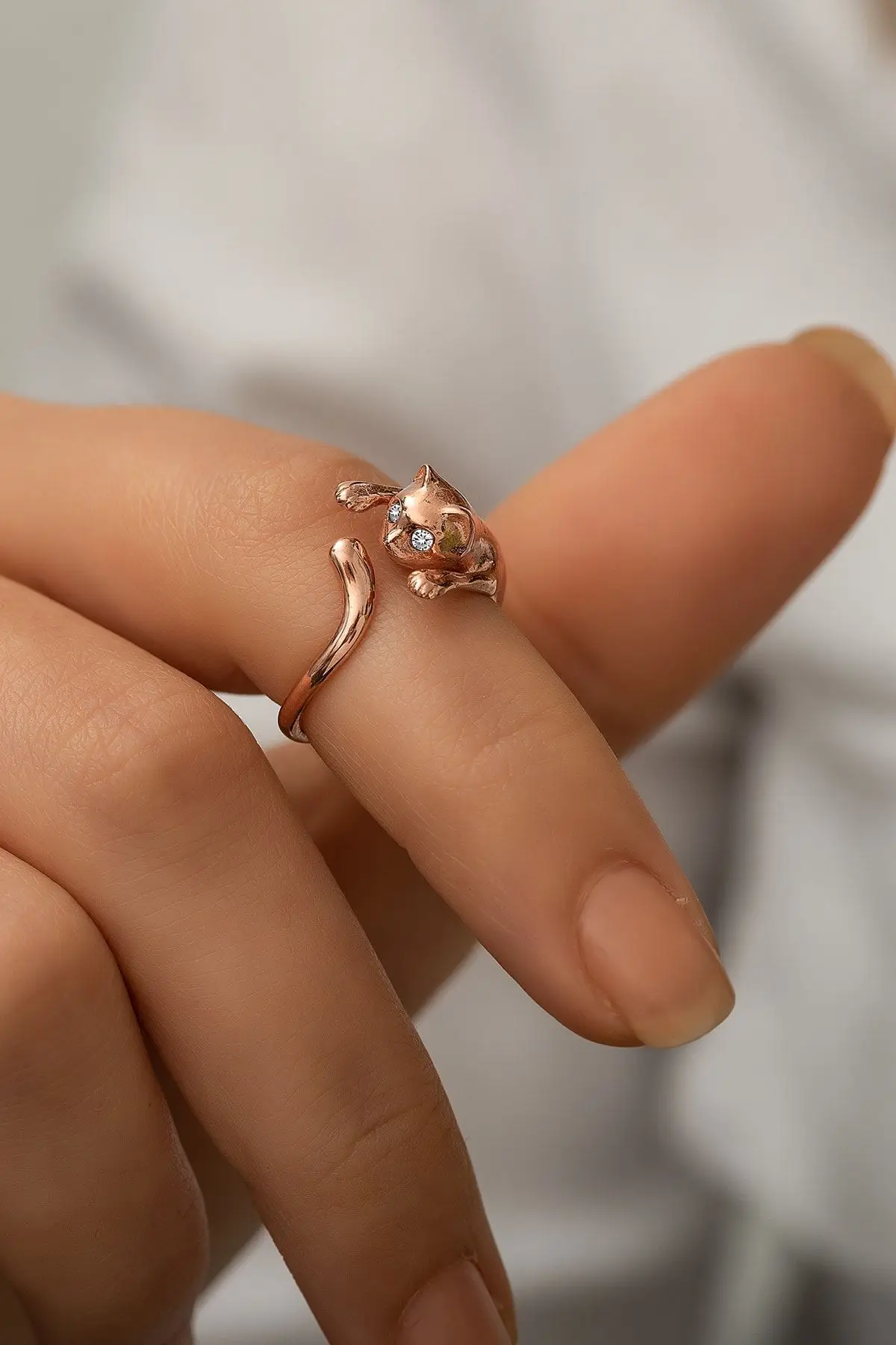 925 Ayar Gümüş Taşlı Kedi Yüzük.rose.gold.rodaj Renk Seçeneği