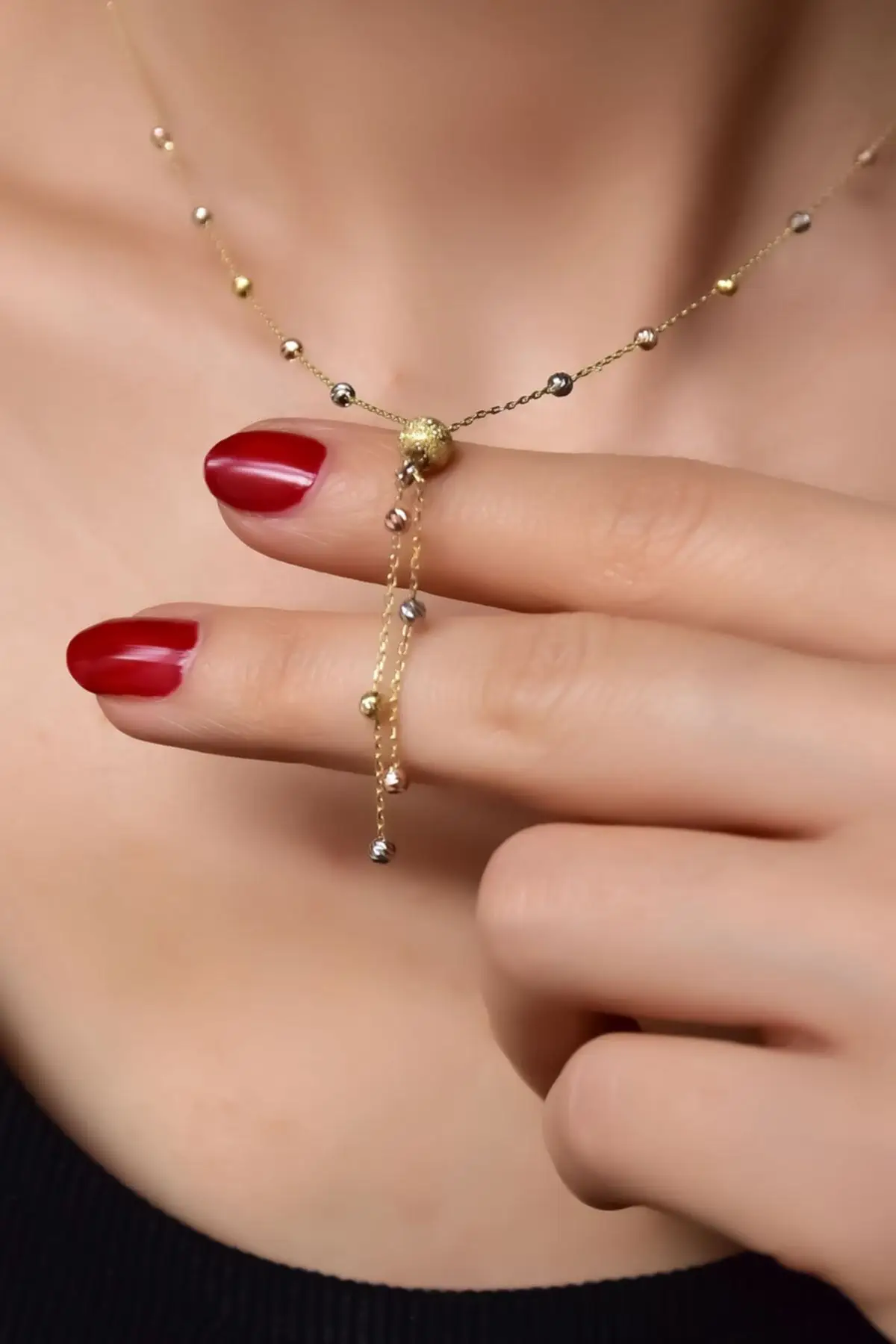 925 Ayar Gümüş Üç Renk Kayan Dorika Toplu Gold Sim Top Kolye