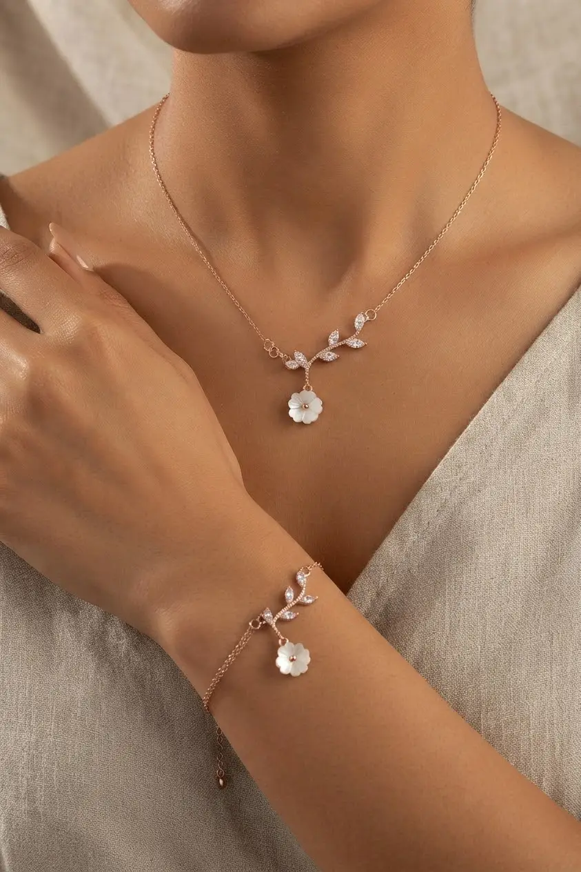925 Ayar Gümüş Zarif Sedef Lotus Kolye Bileklik Set