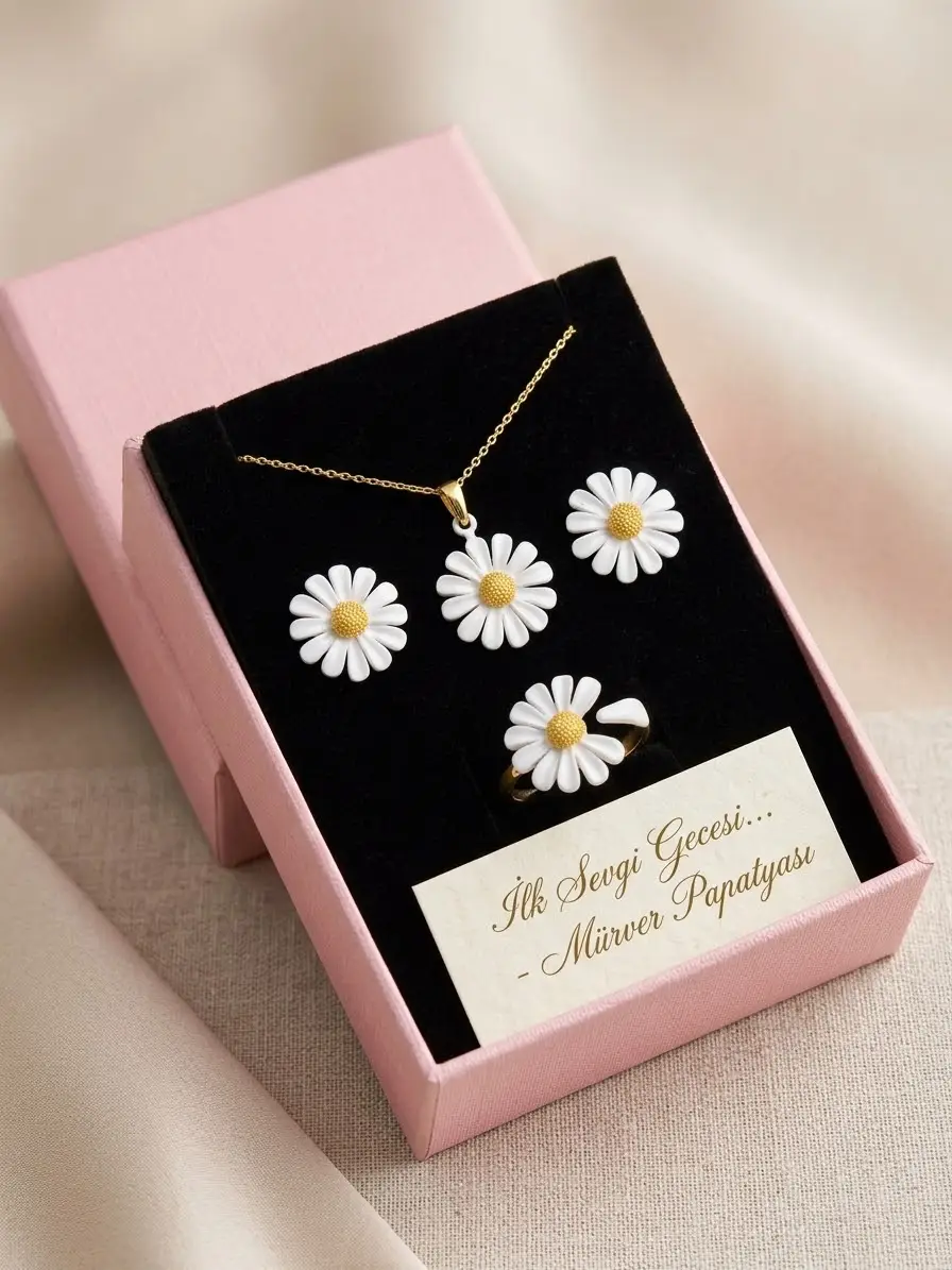 925 Ayar Gümüş Zarif Papatya Kolye Küpe Yüzük Set.rose.gold.rodaj Renk Seçeneği