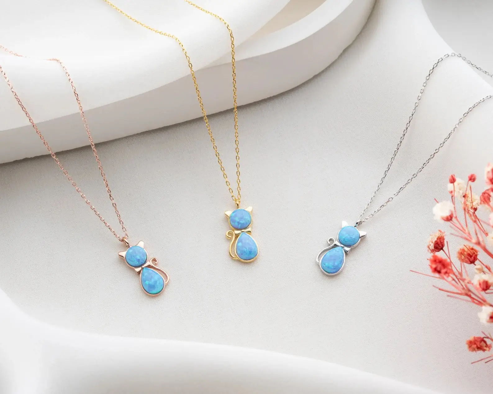 925 Ayar Gümüş Opal Taşlı Kedi Kolye.rose.gold.rodaj Renk Seçeneği