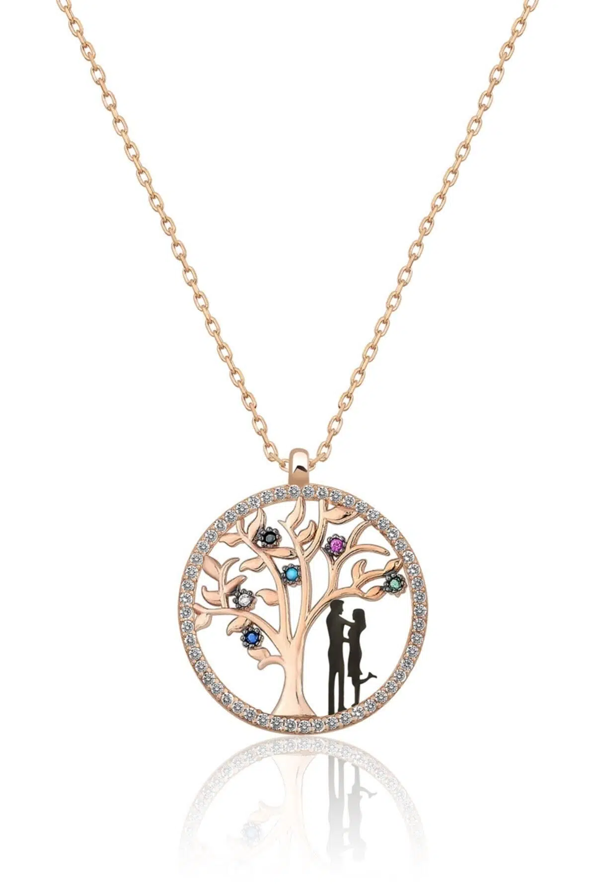 Kadın Hayat Ağacı Renkli Nano Zirkon Taşlı Rose Gold Kaplama 925 Ayar Gümüş Kolye