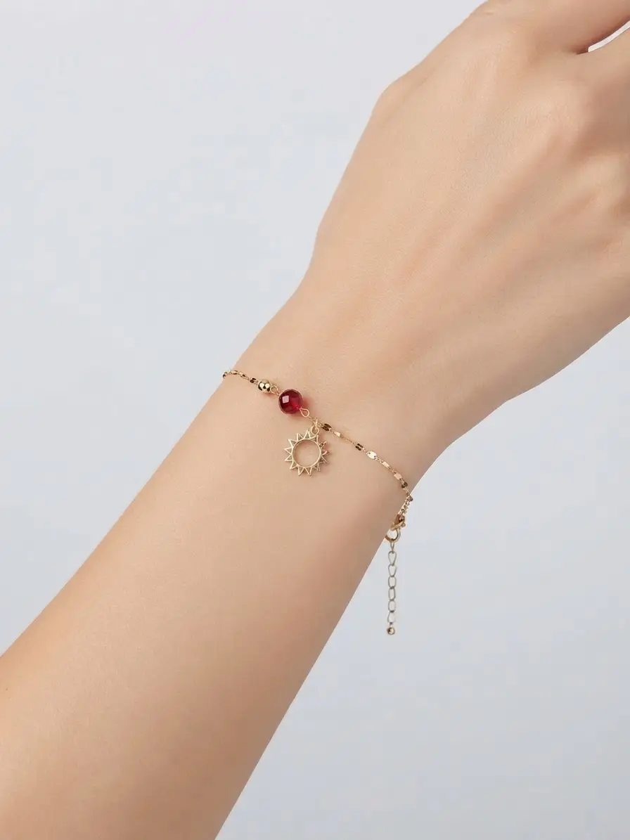 Orjinal 14 Ayar Sertifikalı Altın Minimalist Aynalı Ezme Zincir Doğal Taşlı Güneş Bileklik
