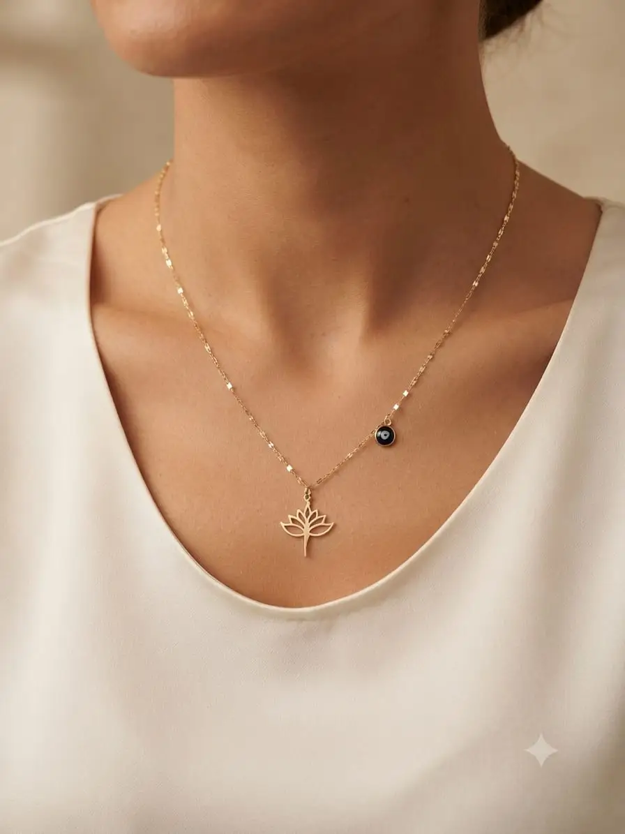 Orjinal 14 Ayar Sertifikalı Altın Minimalist Aynalı Ezme Zincir Nazar Gözlü Lotus Şans Kolye
