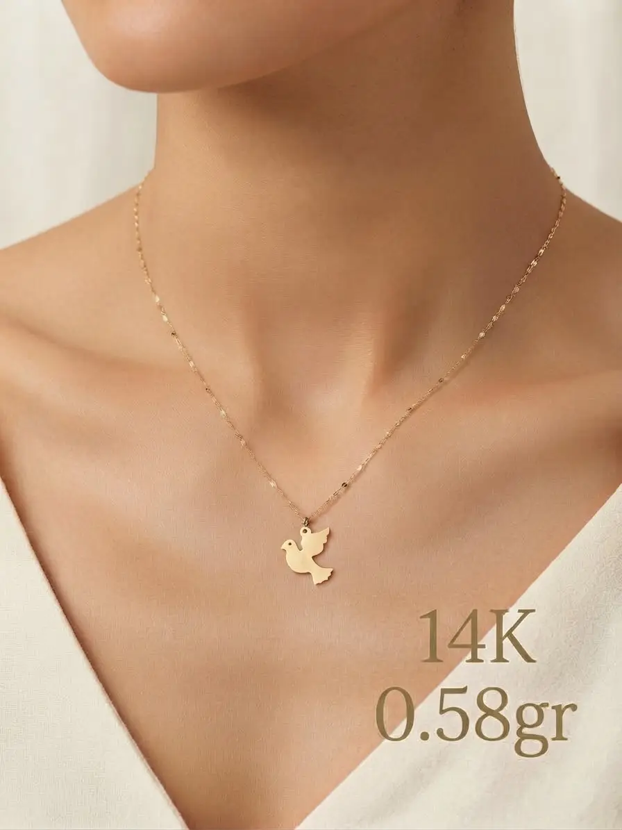 Orjinal 14 Ayar Sertifikalı Altın Minimalist Aynalı Ezme Zincir Kuş Kolye